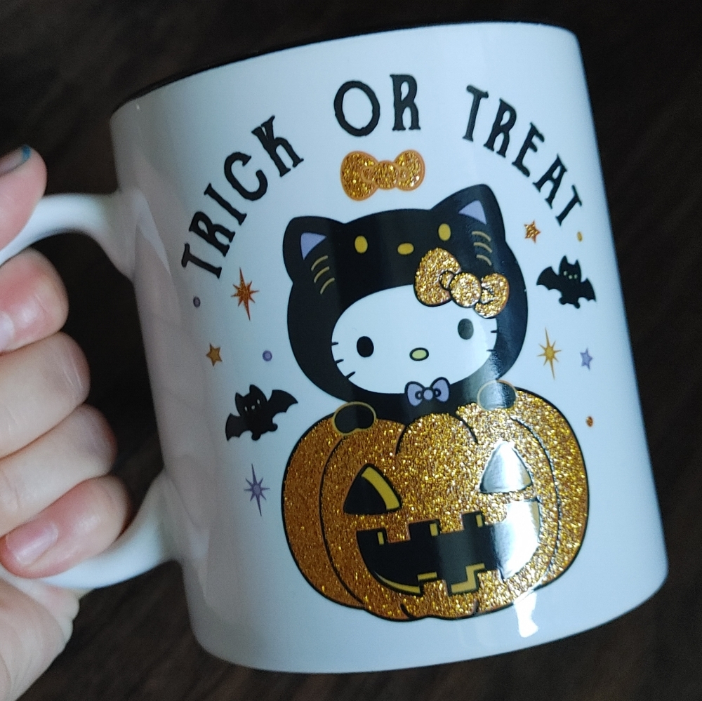 New Hello Kitty Halloween Mug 20oz ceramic trick or treat black cat bat glitter